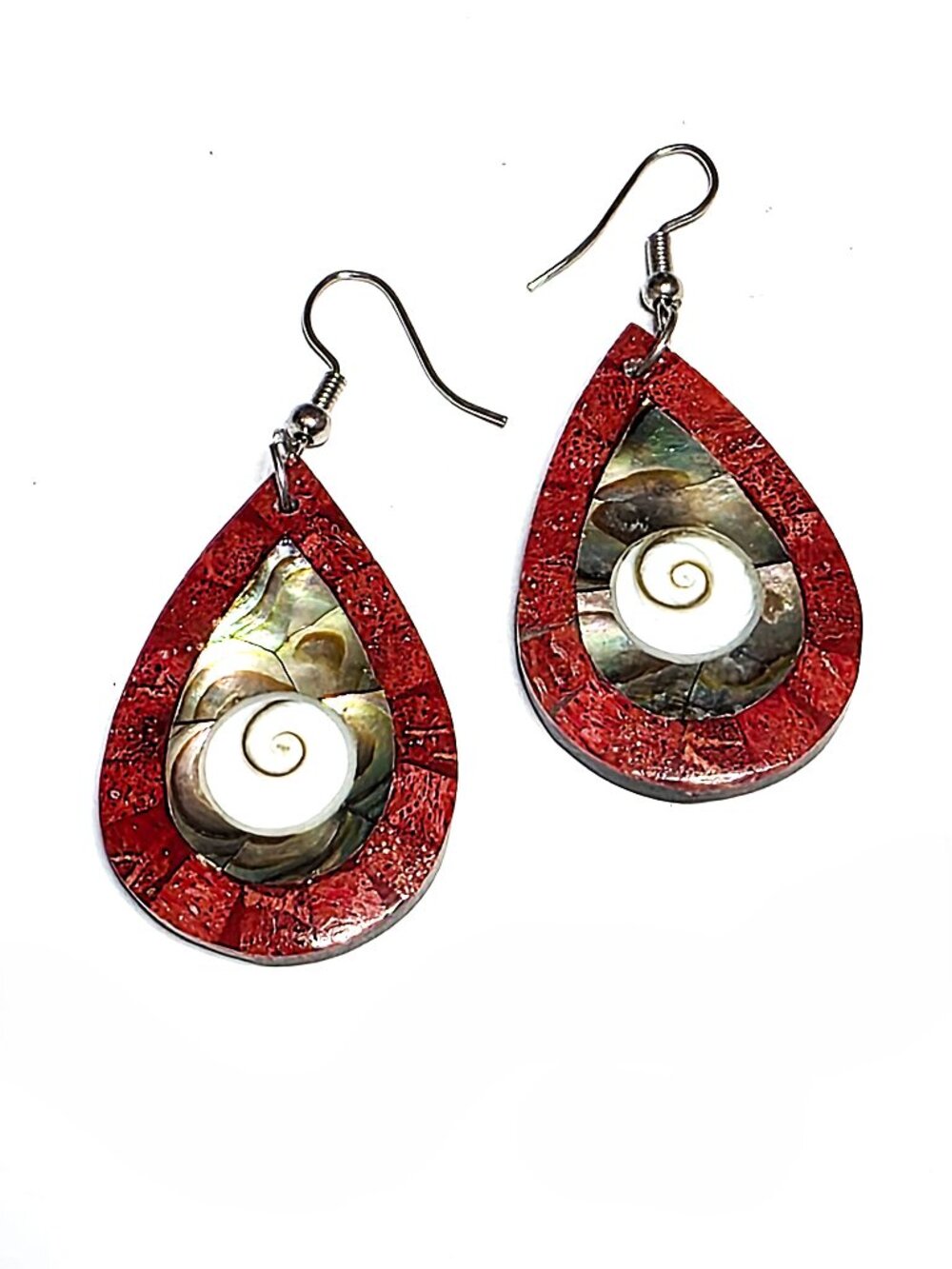 Red coral abalone shell Shiva shell teardrop earrings